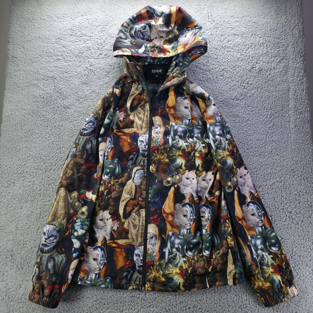 Ripndip Mens Renaissance Cat Collage Full Zip Hooded Windbreaker Jacket Medium